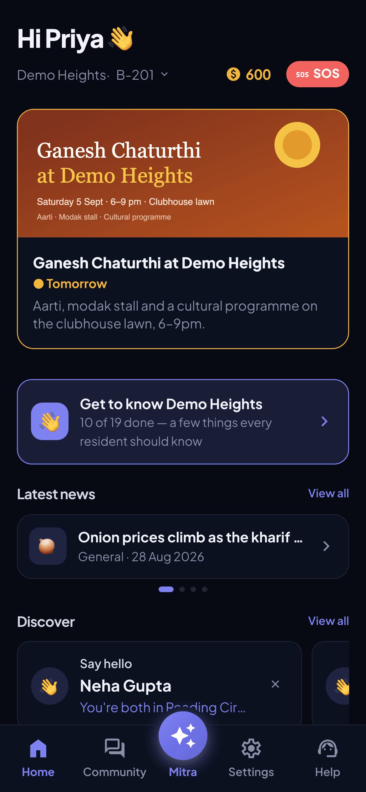 Aangan Home: community events, news and suggested neighbours in a demo community