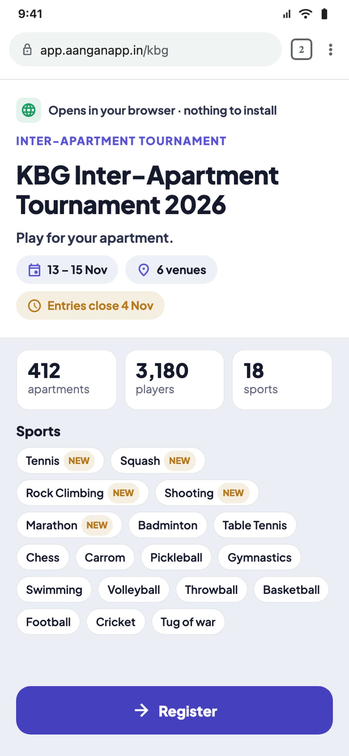 The public page of a demo tournament, on a phone